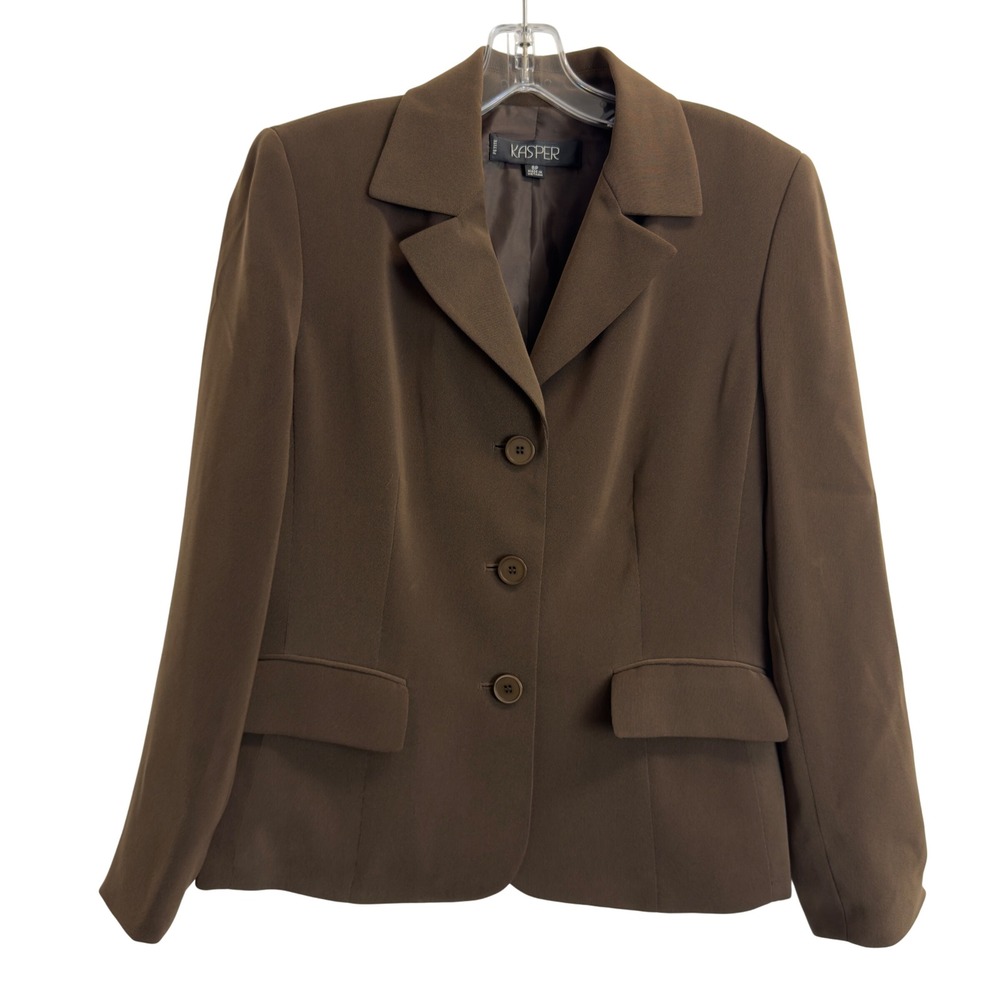 Kasper Petite Brown Three Button Blazer Jacket Size 8P Notched Lapel Lined